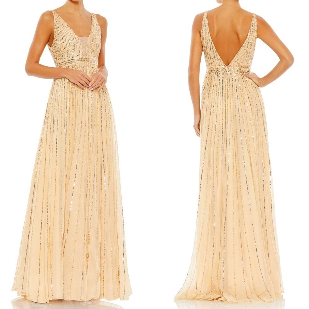 Mac Duggal Sequined Plunge V-Neck A-Line Gown Sz 20 Beige Mesh Maxi Dress